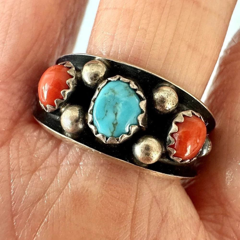 Turquoise Coral Band Ring Sz 11 Navajo 5g 11mm Native Amer Dark Sterling Mens
